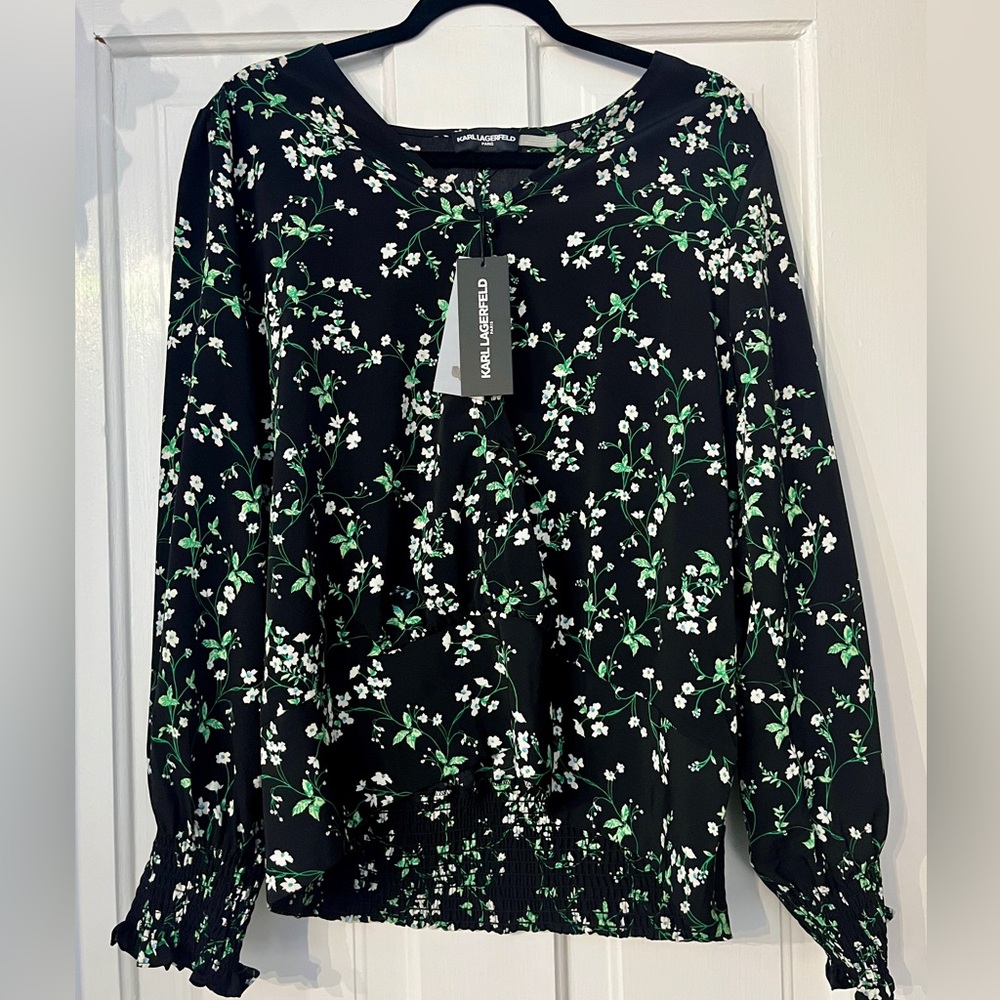 Karl Lagerfeld Paris Black and Green Floral Blouse NWT X-Large